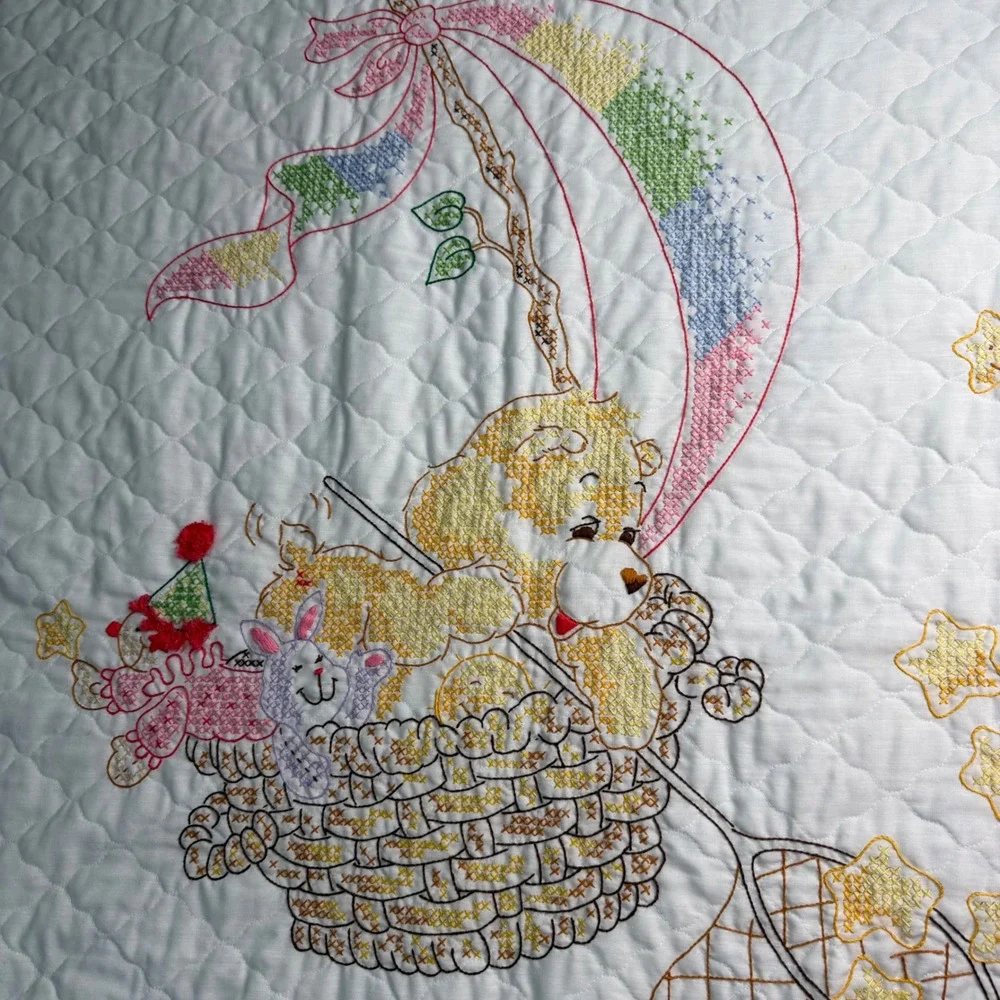 VTG Paragon Needlecraft Baby Quilt Bear Bunny Hot Air Balloon Cross Stitch 37x57